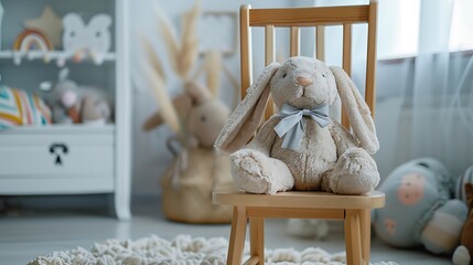Kids soft toy rabbit with bow sitting on the wooden kids chair in children room selective focus
