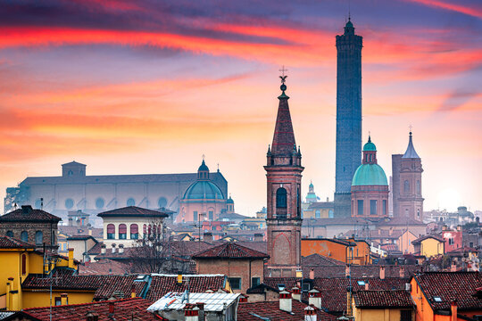 Bologna, Italy Rooftop Skyline and Famous Historic Towers