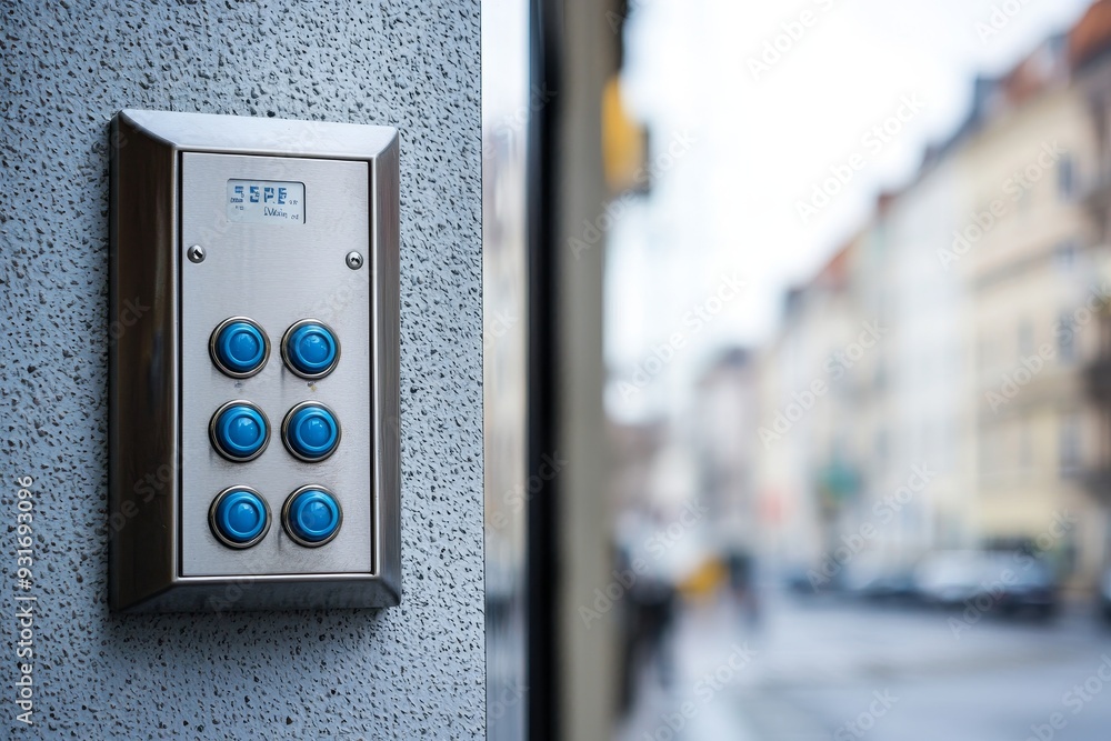 Aufkleber This is a close-up of a security code device with numbered buttons attached to a modern intercom device with a blue LCD screen near the entryway door. There is an electronic coded lock.