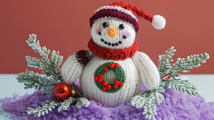Knitted snowman with christmas wreath on purple snow