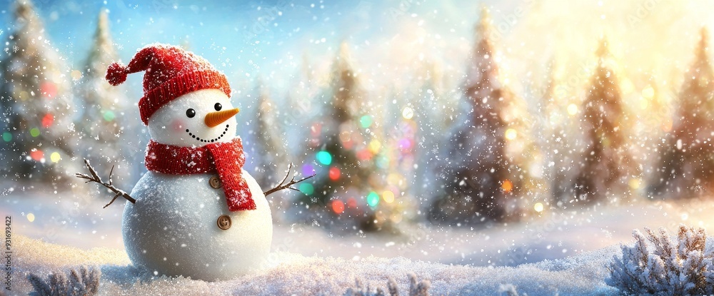 Aufkleber Winter Wonderland with a happy snowman and falling snow and trees with lights