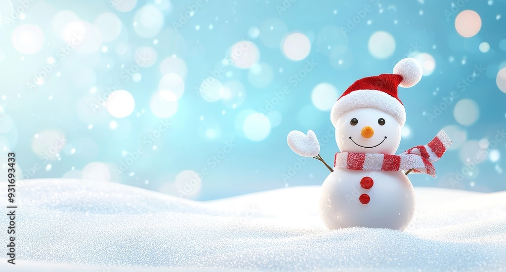 Poster detailed panoramic image of a happy snowman in a winter setting with copy space