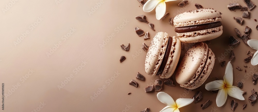 Poster homemade vanilla chocolate macarons. with copy space image. place for adding text or design