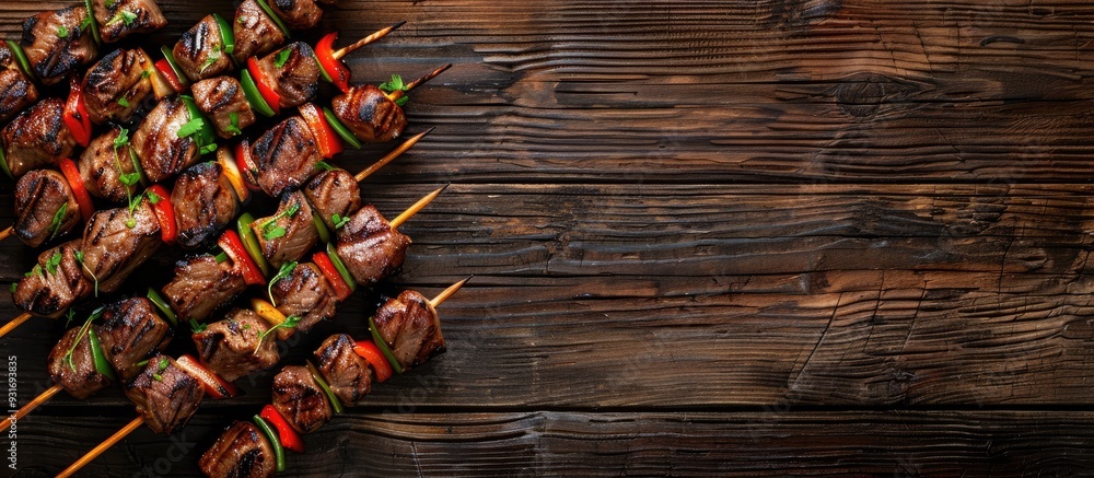 Poster grilled meat skewers on a wooden surface top view with copyspace