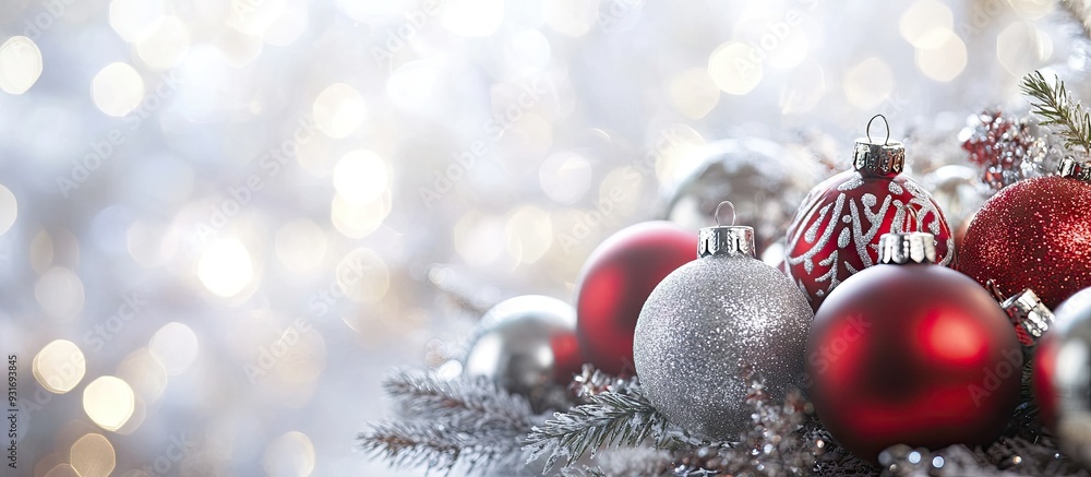 Poster christmas arrangement of tree ornaments on a blurred silver backdrop. with copy space image. place f
