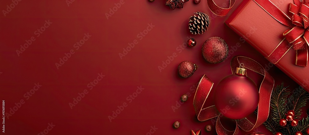 Poster xmas banner design featuring a red christmas background with a gift box adorned with a red ribbon bo