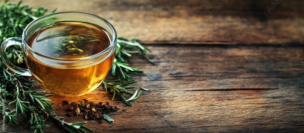 Poster Cup of fragrant herbal tea with fresh rosemary and thyme on a wooden table. with copy space image. Place for adding text or design