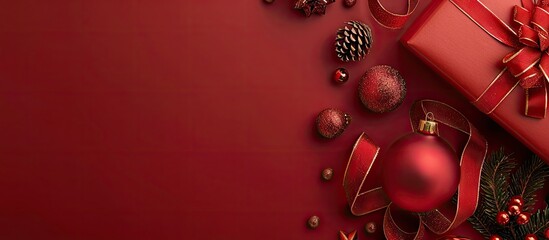 Xmas banner design featuring a red Christmas background with a gift box adorned with a red ribbon bow along with gold and red baubles and ornaments Flat lay top view copy space