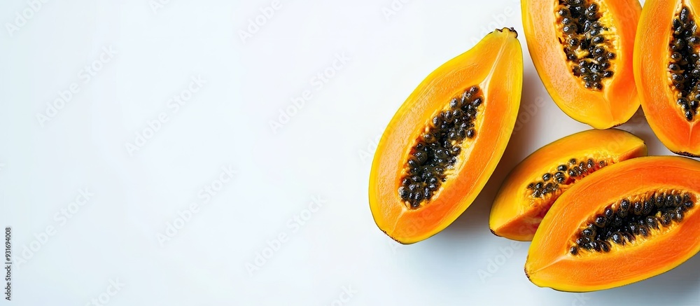 Leinwandbilder Exotic fruits Top view of papaya on a white background with space for text. with copy space image. Place for adding text or design