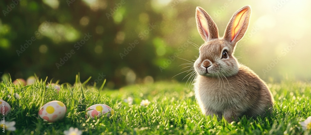Aufkleber rabbits charming art design featuring a cute little easter bunny springtime flowers and green grass.