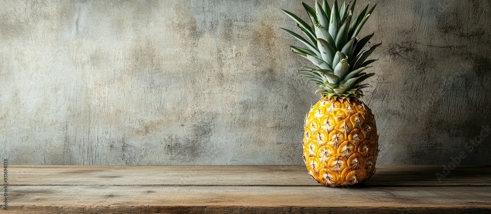 Poster half of a pineapple on a wooden table. with copy space image. place for adding text or design