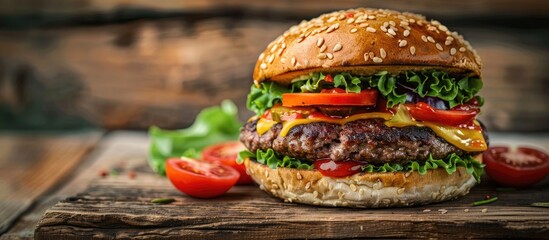 Delicious meat free burger on a wooden table with an old cracked wall in the background Copy space