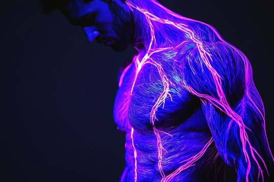 In this UV pattern, veins and arteries of a muscular athlete are drawn with fluorescent dyes on the chest. The bodybuilder has straightened the biceps.