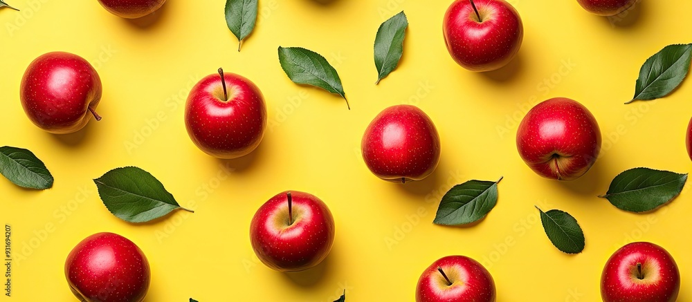Poster pattern featuring small red apples and green leaves accompanied by dark shadows on a yellow backgrou