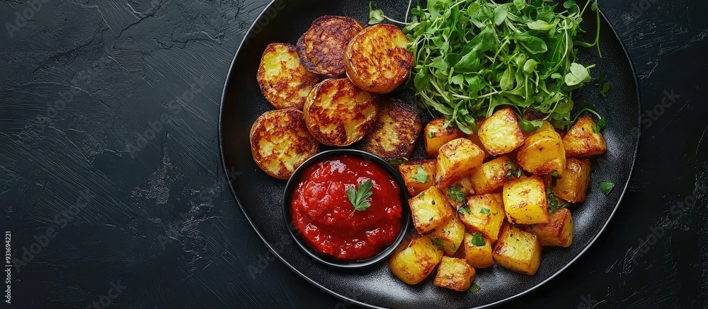 Aufkleber roasted hash brown potatoes and vegetable fritters arranged on a plate with tomato sauce dark backgr