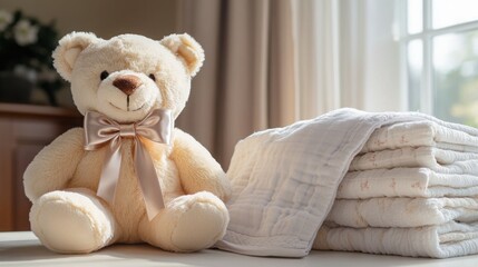 A blurred image of a teddy bear with a satin ribbon, nestled next to a pile of baby blankets, [teddy bear], [cozy and comforting]