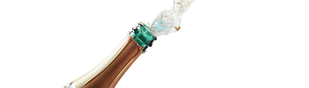 Champagne bottle popping with a spray of bubbly.
