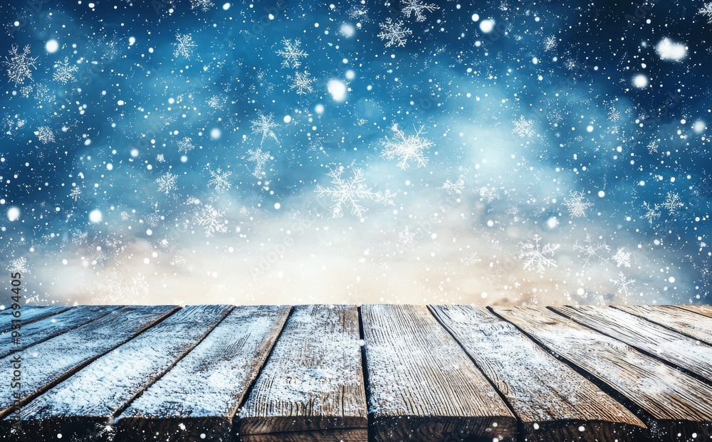 Poster this is a beautiful winter snowy blurred defocused blue background with an empty wooden floor. flake