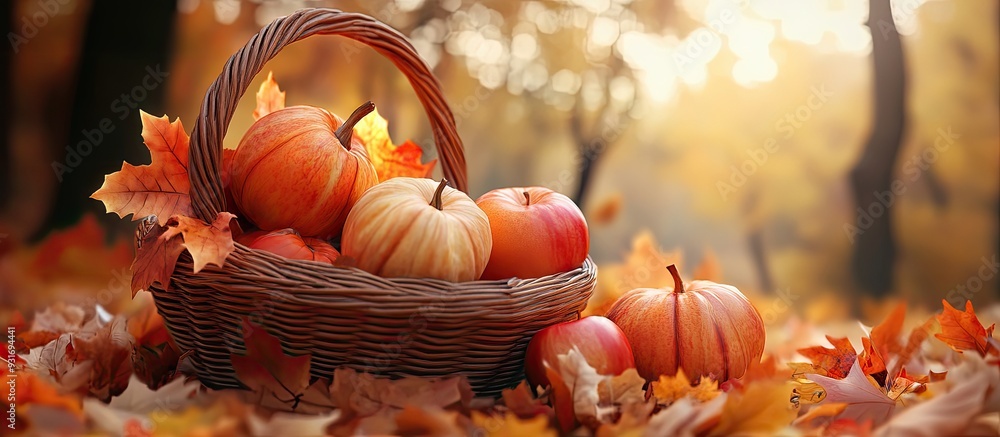 Leinwandbilder pumpkins apples and autumn leaves in a basket. with copy space image. place for adding text or desig