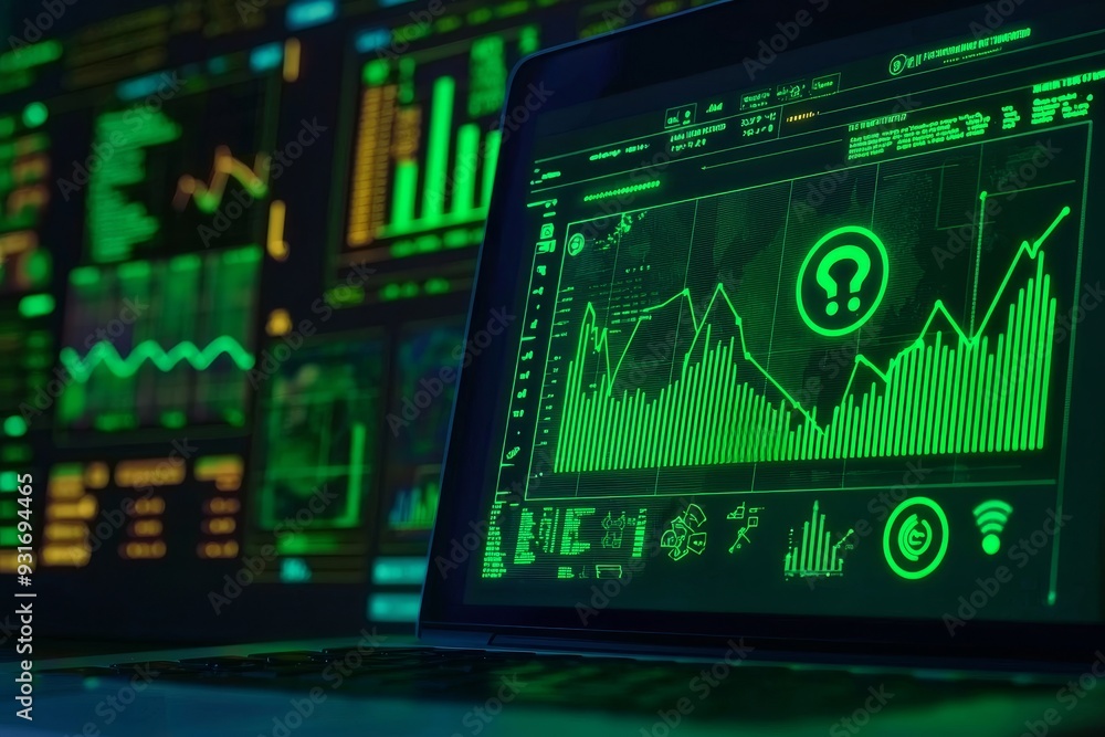 Poster at blurry laptop background, a warning system concept with a digital exclamation point appears.