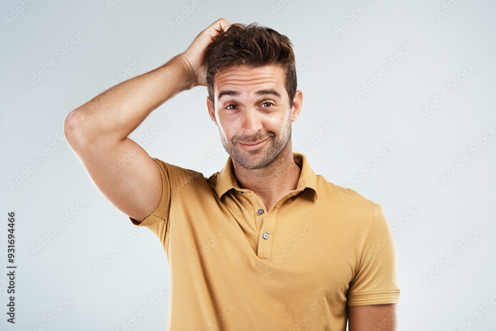 Aufkleber Portrait, confused and man scratch head in studio with unsure or dont know emoji. Face, happy and puzzled expression of model with question, doubt or thinking of decision isolated on white background