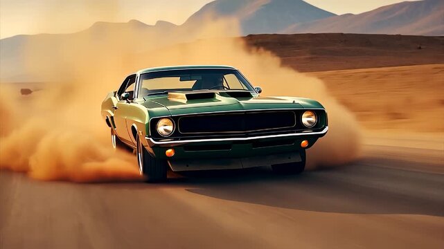 A classic car drifting on the desert sand mountain Sky Texas 