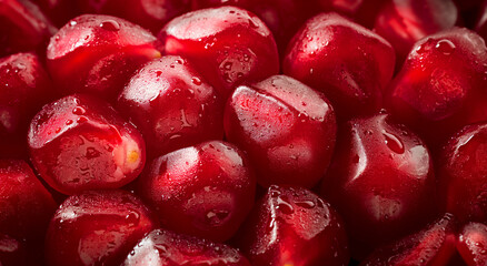 Close-up of fresh, juicy pomegranate seeds with water droplets, showcasing their vibrant red color and moist texture.