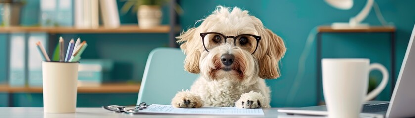 Dog wearing glasses at the desk