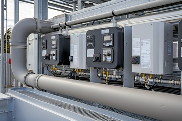 Microclimate support system infrastructure at a large industrial site. Air pipelines inlet and exhaust. Fans and air conditioning. Pressure, humidity, temperature control systems.
