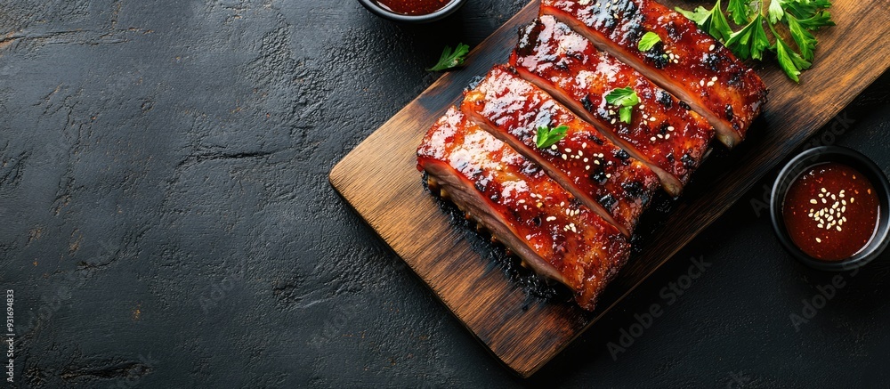 Poster korean cuisine pork belly and barbecue sauce. with copy space image. place for adding text or design