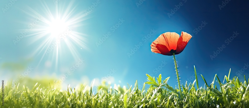 Aufkleber red poppy a solitary flower basking in the sunlight against a blue sky and grass featuring a version