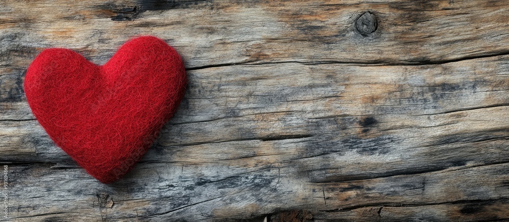 Poster red felt heart on a wooden backdrop perfect for valentine s day. with copy space image. place for ad