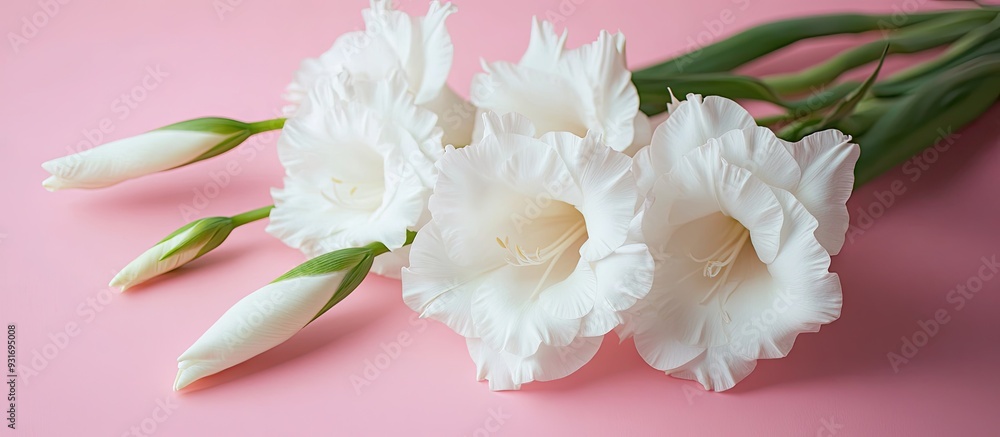 Leinwandbilder lovely white gladiolus flowers on a pink background close up room for text. with copy space image. p