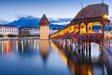 Lucerne, Switzerland on the Reuss River at Blue Hour