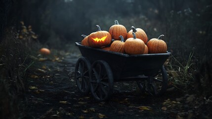 A spooky Halloween scene with a cart full of pumpkins, one with a lit jack-o-lantern face, in a misty forest.