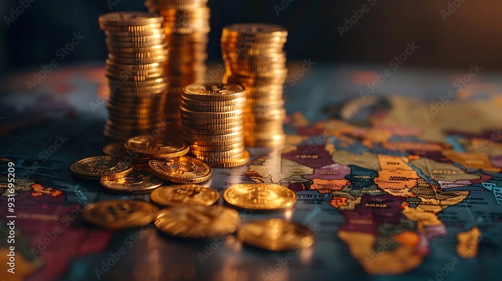 Poster creative growing forex chart and stacked golden coins on dark background with map trade growing inco