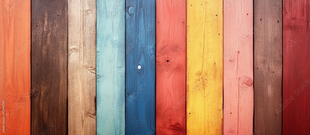 Poster wooden wall painted in various colors interior feature. with copy space image. place for adding text