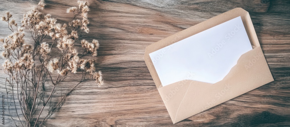 Poster empty paper next to an envelope and a dried flower on a wooden board. with copy space image. Place for adding text or design