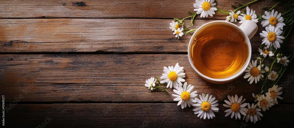 Poster herbal tea featuring chamomile flowers set against an old wooden table background. with copy space i