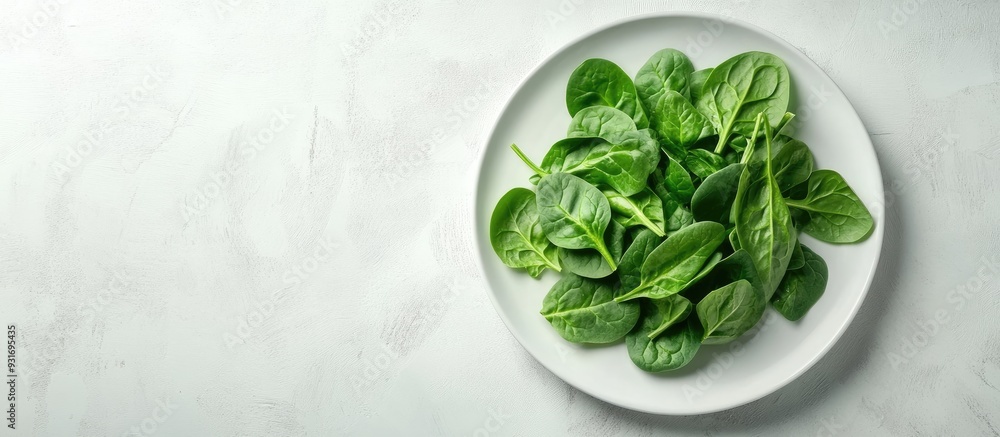 Aufkleber A group of fresh spinach leaves on a plate against a light background Horizontal layout Copy space Top view Vegan cuisine Nutritious and delicious greens