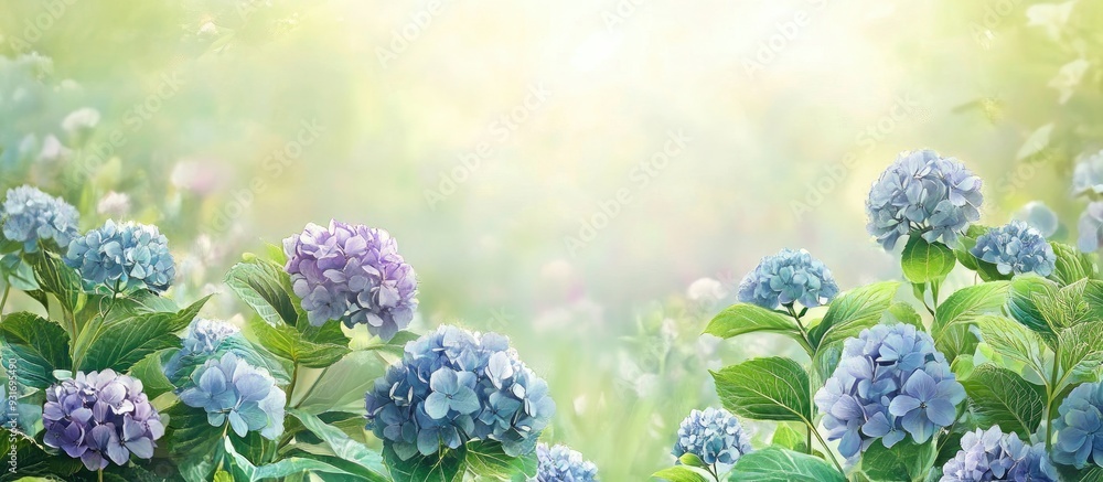 Poster Hydrangea macrophylla Ajisai blooms in a garden. with copy space image. Place for adding text or design