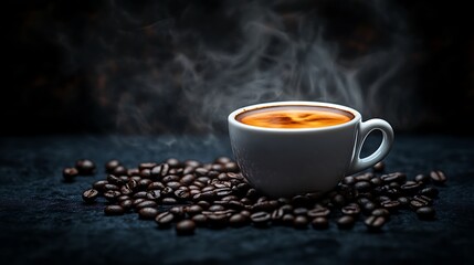 A steaming cup of espresso sits on a bed of roasted coffee beans against a dark background.