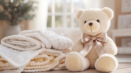 A soft-focus shot of a teddy bear with a silky ribbon, sitting near a stack of baby blankets, [teddy bear], [cozy and comforting]