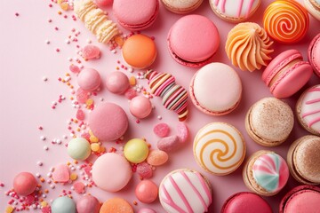 Fototapeta premium A variety of colorful macarons and candies are arranged on a pink surface, evoking a sense of celebration.