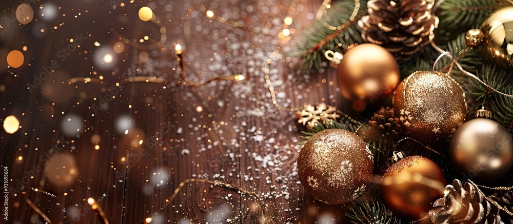 Fototapete christmas arrangement golden decorations on a light background top view flat lay. with copy space im