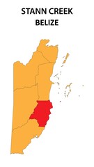 Obraz premium Stann Creek Map is highlighted on the Belize map with detailed state and region outlines.