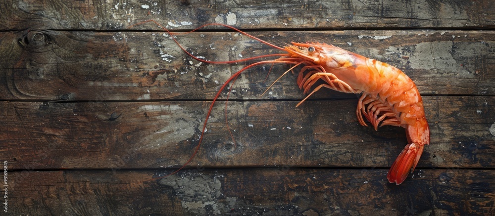 Leinwandbilder fresh raw shrimp on a weathered wooden surface. with copy space image. place for adding text or desi