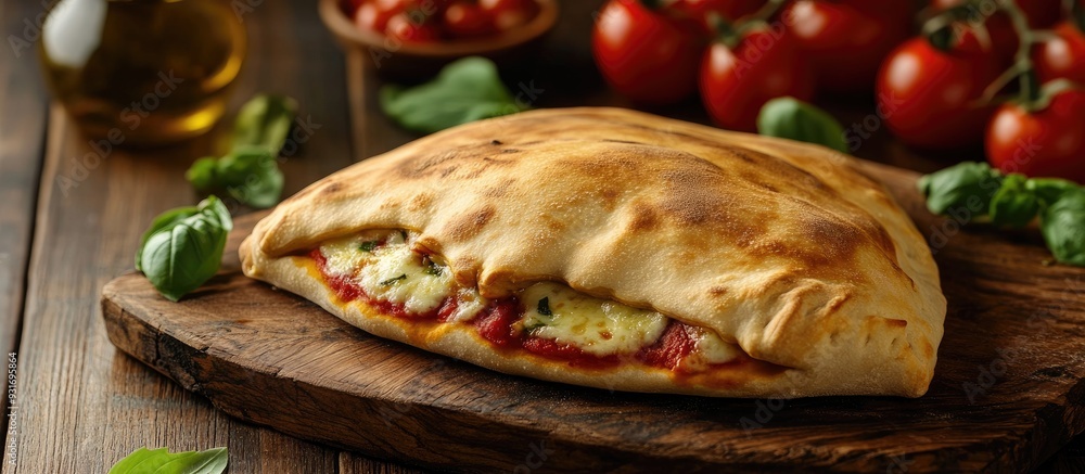 Aufkleber Italian cuisine stuffed calzone pizza on a rustic wooden surface In the background are small red tomatoes mozzarella basil and olive oil. with copy space image. Place for adding text or design