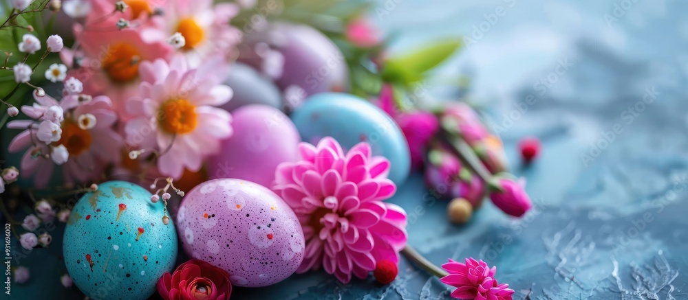 Poster easter decor flower arrangement featuring colorful eggs. with copy space image. place for adding tex