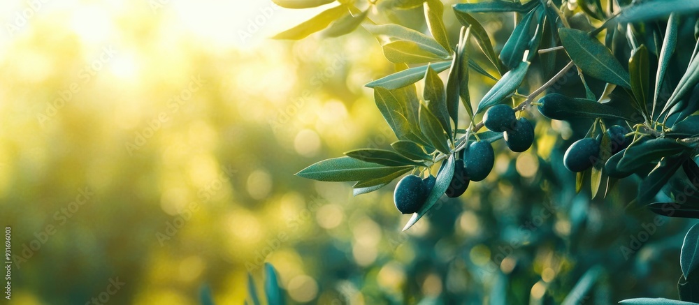 Poster Olive tree leaves with fruits. with copy space image. Place for adding text or design